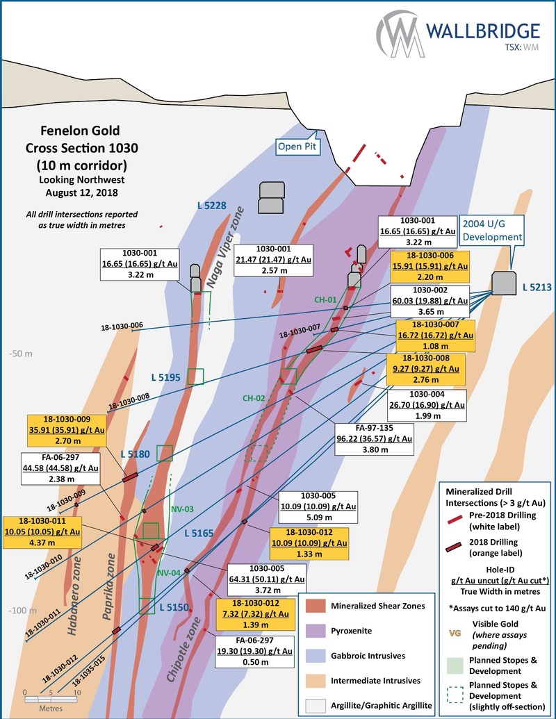 Figure 5:  Fenelon Gold, Cross Section 1030 (CNW Group/Wallbridge Mining Company Limited)