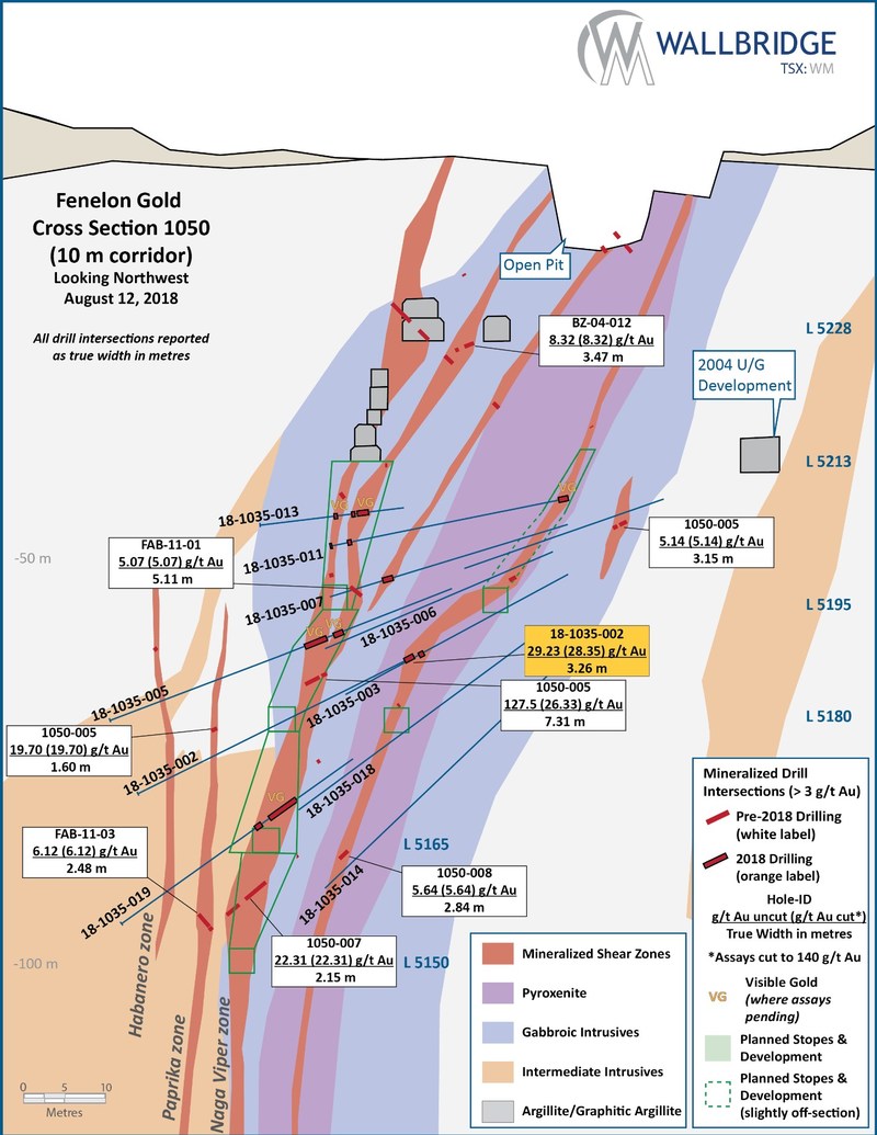 Figure 7:  Fenelon Gold, Cross Section 1050 (CNW Group/Wallbridge Mining Company Limited)