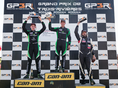 Zacharie Robichon, driver of the No. 98 Mark Motors Racing Porsche placed first on Saturday at the GP3R race of the Porsche GT3 Cup Challenge Canada. His teammate, Roman De Angelis finished in second, while Étienne Borgeat finished third overall and first in the Platinum Masters. (CNW Group/Porsche Cars Canada)