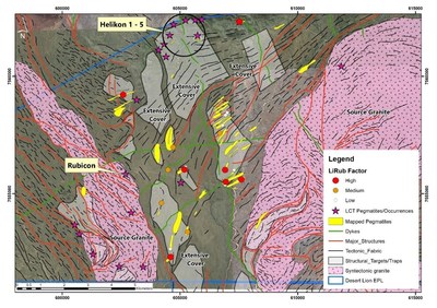Figure 2: Map Showing Mapped Pegmatites and Results of LiRub Fraction Index (CNW Group/Desert Lion Energy)