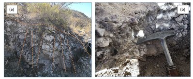 Figure 3 a) - The pegmatite Exposed in the Working, Appears to be the Roof of the Pegmatite Intrusion and is Conical to Dome Shaped. Figure 3 b) The In-Situ Lepidolite Mineralization Adjacent to Quartz Core, the Zone is Deeply Weathered and Saprolitic in Places (CNW Group/Desert Lion Energy)