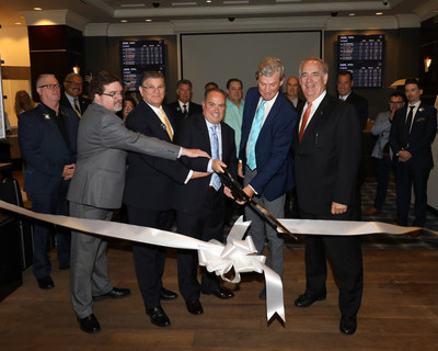 Resorts Casino Hotel Sports Book ribbon cutting with (from left to right) Joe Cavilla, VP of Casino Operations; Danny Fanty, Executive Director Table Games; Mark Giannantonio, President and CEO Resorts Casino Hotel; Ed Andrewes, Lead Consultant to ResortsCasino.com; David Rebuck, Director of the New Jersey Division of Gaming Enforcement