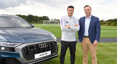 Mauricio Pochettino, Manager of Tottenham Hotspur, (left) with Andrew Doyle, Director of Audi UK, (right) announcing a new partnership. Audi is now the Official Car Partner for Tottenham Hotspur.