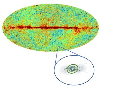 Image of the CMB Skype with Hawking Points, Goldilocks Rings and the BICEP2 Window (Credits: Daniel An, Krzysztof A. Meissner and Roger Penrose, BICEP2 Collaboration, V. G. Gurzadyan)