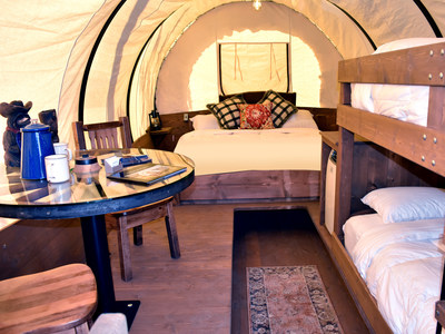For a great 'Glamping' option near Yosemite National Park with a bit of Pioneer spirit, the new air-conditioned and heated Conestoga Wagons at Yosemite Pines Resort sleep either four or six people and offer amenities such as a under-counter refrigerator, microwave, Keurig coffeemaker, bed linens, picnic table and barbecue/fire ring.