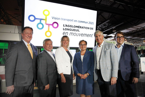 From the left to the right: Mr. Pierre Brodeur, President of the Board of the RTL and Mayor of Saint-Lambert, Mr. Raouf Absi, Deputy Mayor of Boucherville, Mrs. Sylvie Parent, Mayor of Longueuil, Ms. Doreen Assaad, Mayor of Brossard, Mr. Martin Murray, Mayor of Saint-Bruno-de-Montarville and Mr. Michel Veilleux, Director General of RTL. (CNW Group/Réseau de Transport de Longueuil)