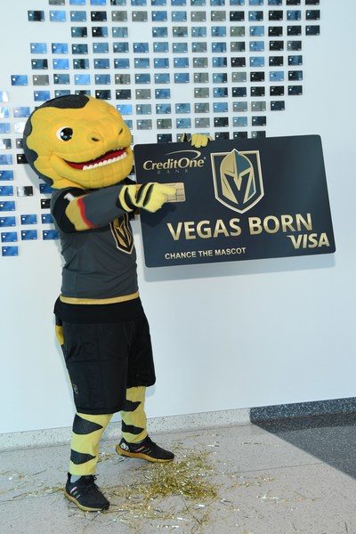Vegas Golden Knights mascot Chance posing with the highly anticipated Credit One Bank Vegas Golden Knights Credit Card