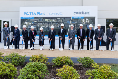 LyondellBasell team members along with Harris County and industry leaders officially break ground on the world's largest PO/TBA plant.   Groundbreaking crew in front of backdrop and sand pit L-R: (Mike VanDerSnick, Jean Gadbois, Stephen Goff, Hector Rivero, Kim Foley, Judge Ed Emmett, Bob Patel, Commissioner Jack Morman, Dale Friedrichs, Pat Ficara, Dan Coombs, Jim Guilfoyle)