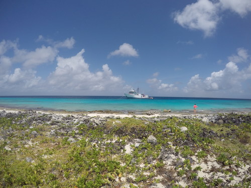 Explorer on the shore of uninhabited Klein Curaçao with R/V Chapman in the distance. Credit: Uncharted Blue