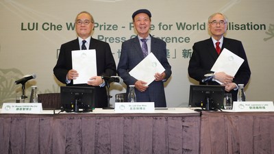From left: Dr. Moses Cheng Mo-Chi, Member of the Board of Governors, LUI Che Woo Prize Limited; Dr. Lui Che Woo, Founder & Chairman of the Board of Governors cum Prize Council, LUI Che Woo Prize; and Professor Lawrence J. Lau, Chairman of the Prize Recommendation Committee, LUI Che Woo Prize at the announcement press conference. (PRNewsfoto/LUI Che Woo Prize Limited)