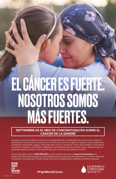 Blood Cancer Awareness Month poster, "CANCER IS TOUGH. WE ARE TOUGHER" in Spanish.