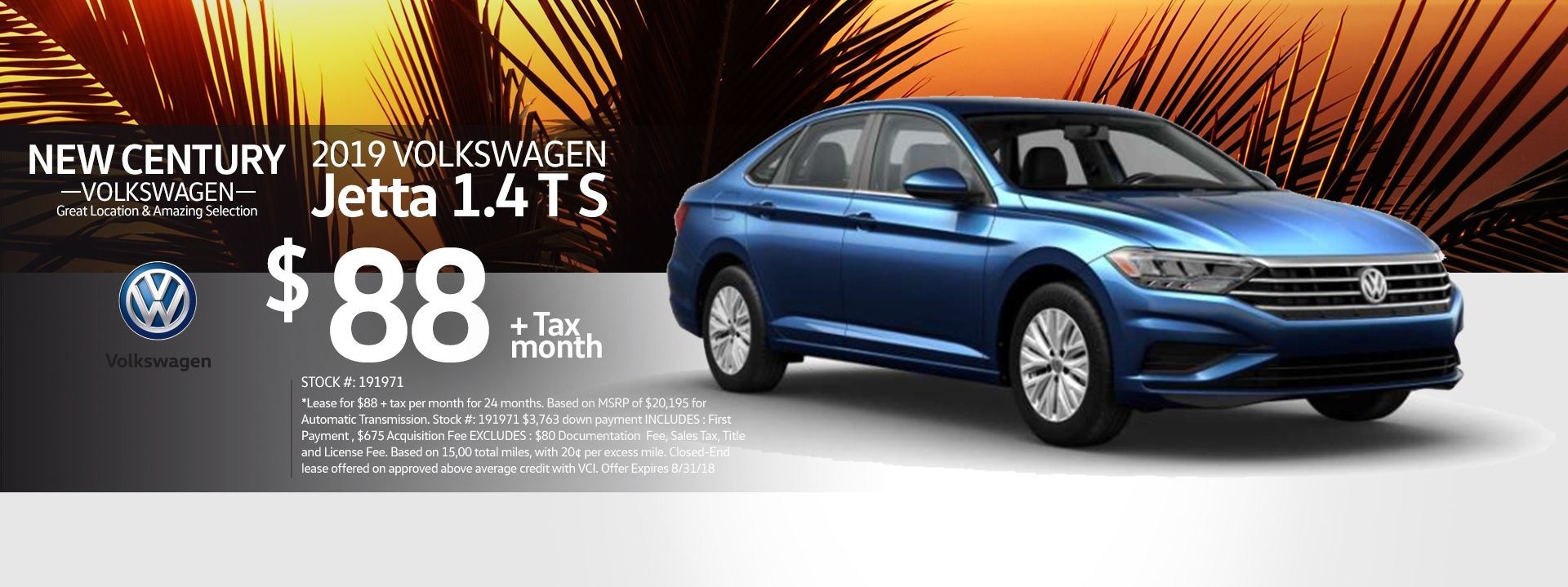 The 2019 Volkswagen Jetta is available for lease payments as low as $88 per month.