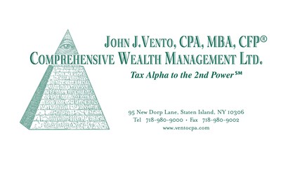 John J. Vento has owned the firms of John J. Vento, CPA, PC and Comprehensive Wealth Management Ltd. in New York City since 1987. He graduated from Pace University with a bachelor’s degree in business administration in public accounting, and continued on to earn an MBA in taxation from St. John’s University. Mr. Vento is a certified public accountant (CPA) and Certified Financial Planner™.  For additional information about John J. Vento, log onto www.ventocpa.com or call (718) 980-9000.