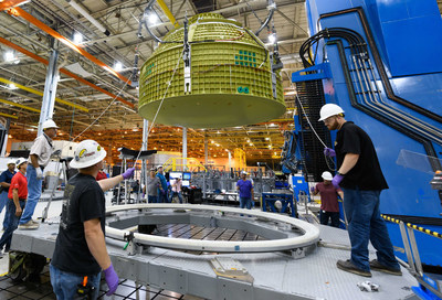 At the NASA Michoud Assembly Facility in Louisiana, Lockheed Martin technicians have completed construction of the first Orion capsule structure that will carry humans to deep space on Exploration Mission-2. Image courtesy of NASA.