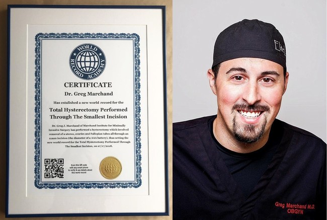 Dr. Marchand and the New World Record Certificate (PRNewsfoto/Surgical Review Corporation)