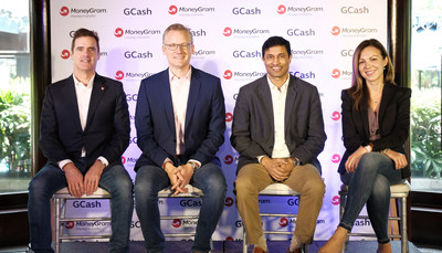 The launch of new MoneyGram and GCash direct send service. (L-R) Grant Lines, MoneyGram's global chief revenue officer, Alex Holmes, MoneyGram's chairman and chief executive officer, Anthony Thomas, president and ceo of Mynt, Kamila Chytil, MoneyGram's chief global operations officer.