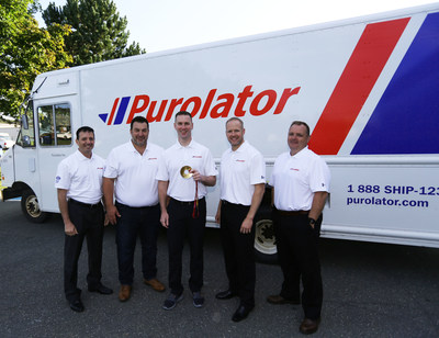 From left: Ramsey Mansour, VP, Corporate Strategy and Marketing, Purolator; Ken Johnston, CHRO, Purolator; Brad Gushue, Skip, Team Gushue (with Olympic gold medal); Mark Nichols, Third, Team Gushue and Stephen Noseworthy, Senior Regional Manager, Field Operations Atlantic Canada, Purolator, at an event in St. John’s, Newfoundland to announce a multi-year sponsorship agreement. (CNW Group/Purolator Inc.)