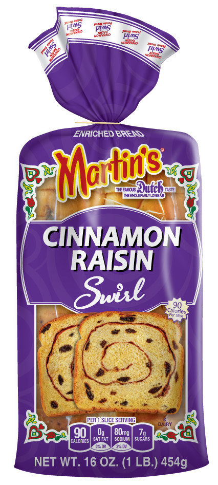 Martin’s Cinnamon-Raisin Swirl Potato Bread features cinnamon and juicy raisins swirled into Martin’s Potato Bread. It is the first item in their current product line to feature a sweeter flavor profile that has a breakfast focus.