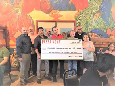 Pizza Nova Director of Franchise Development, Vince Morano (left), District Manager, John Flynn (second from left) and Pizza Nova Director of Marketing, Vince Ambra (middle) along with Franchisees Najib and Mirwais Sharin present the proceeds to representative Deacon Paul of St. John the Compassionate Mission. (CNW Group/Pizza Nova)