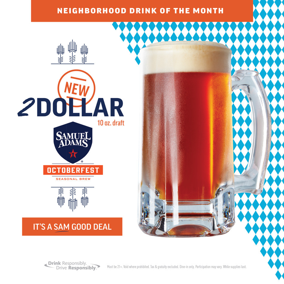 Applebee’s 2 DOLLAR Samuel Adams OctoberFest is available now through the month of September.