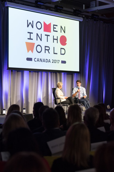 Prime Minister Trudeau and Tina Brown in discussion at the inaugural Women in the World Canada Summit in 2017 (CNW Group/Women in the World)