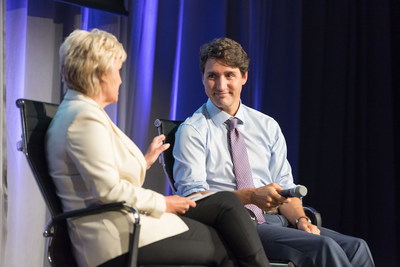 Prime Minister Trudeau and Tina Brown in discussion at the inaugural Women in the World Canada Summit in 2017 (CNW Group/Women in the World)