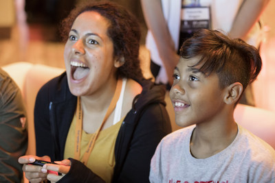 Gabriella Skory (4KidsGaming), one of the YouTube gaming creators pioneering St. Jude PLAY LIVE on YouTube, and St. Jude patient Jalen play video games together at St. Jude Children's Research Hospital.