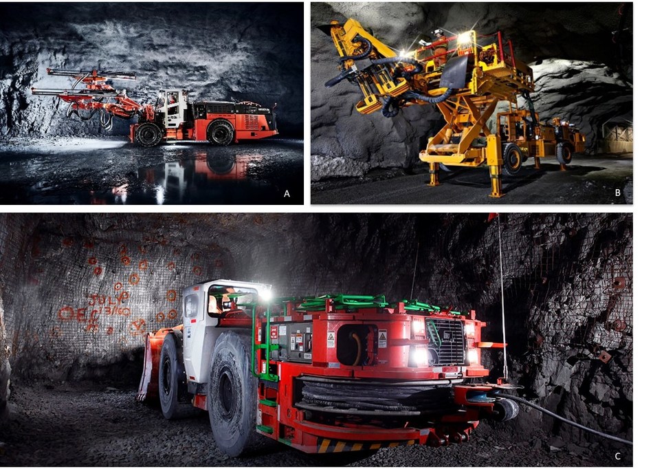 Figure 4: Underground electrical equipment at Borden including; A. Battery/Electric Development Jumbo (Sandvik DD422IE) B. Battery/Electric Mechanized Bolter (McLean 975 Omnia Bolter) C. Fully Electric Scoop / Underground Loader (Sandvik LH514E). (CNW Group/Goldcorp Inc.)