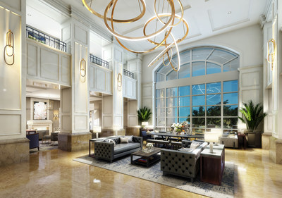 The Ballantyne's stunning lobby envelops guests in a calm, welcoming environment, featuring a neutral palette of white, gold and grey, with hand-painted gold accents inspired by North Carolina's legacy as being the first state in the country where gold was found.