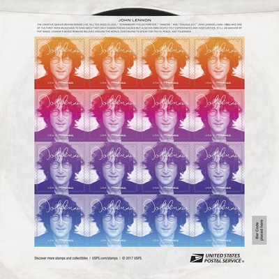 U.S. Postal Service honors John Lennon in the Music Icons stamp series.