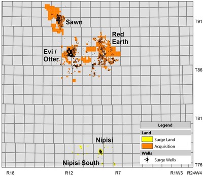 The MBOG Assets are focused in NW Alberta, located near Surge’s core, waterflooded, light oil pools at Nipisi and Nipisi South. (CNW Group/Surge Energy Inc.)