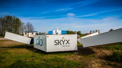 SkyOne, SkyX's Vertical Take-Off and Landing (VTOL) Unmanned Aerial Vehicle, sits aboard the xStation. The station enables SkyOne to remotely recharge and perform diagnostics. With multiple xStations in the field, SkyOne can fly 100s, even 1000s of kilometres without having to "return to home." The company, based in the Greater Toronto Area, has just secured $9.5 (USD) in Series B funding to expand. (CNW Group/SkyX)