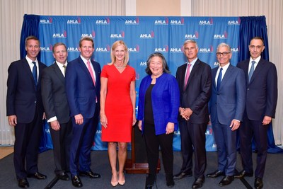 From left to right: President and CEO of Marriott International Arne Sorenson, AHLA Chairman of the Board and President of B.F. Saul Company Hospitality Group Mark Carrier, President and CEO of Wyndham Hotels & Resorts Geoff Ballotti, President and CEO of AHLA Katherine Lugar, Partner at Buckley Sandler LLP and co-founder of the Time's Up Legal Defense Fund Tina Tchen, President and CEO of Hilton Chris Nassetta, President and CEO of Hyatt Hotels Corporation Mark Hoplamazian, and CEO of Americas of IGH Elie Maalouf.