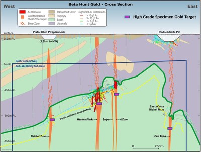 Fig. 2: Cross section view of Beta Hunt showing a narrow Lunnon sediment zone (yellow line) occurring approximately 150 metres below the ultramafic/basalt contact (green line). (CNW Group/RNC Minerals)