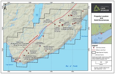 Exhibit A. Location and gold occurrences, including the Cape Spencer Mine and Northeast Zone, of Cape Spencer in southern New Brunswick. (CNW Group/Anaconda Mining Inc.)