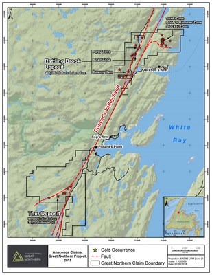 Exhibit B. Location and gold occurrences, including the Thor and Rattling Brook Deposits, of the Great Northern Project in western Newfoundland and Labrador. (CNW Group/Anaconda Mining Inc.)