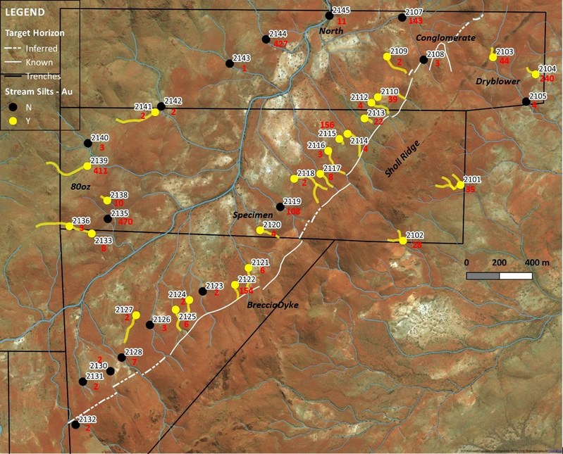 Figure 1: Stream sediment sample locations with indication of presence of gold grains (yellow indicates presence of visible grains, black no visible grains). Four digit numbers are sample reference numbers, Red numbers are gold values in ppb Au. (CNW Group/NxGold Ltd.)