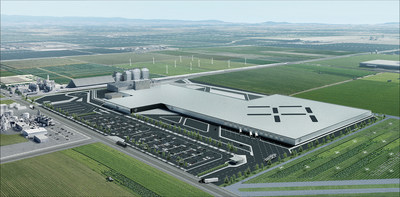 Rendering of Hanford CA Faraday Future factory as it will look when fully operational in early 2019