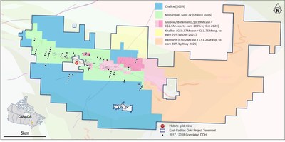Figure 1. East Cadillac Gold Project ownership (Monarques Gold JV area now owned 100%). (CNW Group/Chalice Gold Mines Limited)