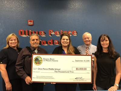 Pictured from left to right: Dr. Anne Staffieri, District Superintendent; Barona Band of Indians Tribal Chairman Edwin "Thorpe" Romero; Olive Pierce Middle School Principal Pauline Levitt; Assembly Member Randy Voepel; and Denise Homer, PTSA Treasurer