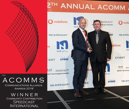 Speedcast's Hamish Lee, VP of Sales-APAC, accepts the award for Community Contribution for the company's continued communications support on Christmas Island at the 12th annual ACOMM Awards Dinner in Sydney.