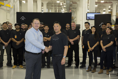 City Manager of Hanford CA Darrel Pyle and FF HR Manager Vince Nguyen lead the celebration at Hanford factory for new hires (PRNewsfoto/Faraday Future)