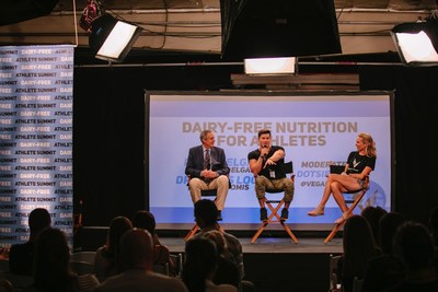 Dr. James Loomis, Vegan Bodybuilder Nimai Delgado and Olympian Dotsie Bausch discuss nutrition benefits for dairy free athletes at the first ever Switch4Good Dairy Free Athlete Summit in Los Angeles, CA. More than 80 attendees discussed personal experiences, data, research, and health while planning strategic actions to educate the public about the benefits of a dairy free lifestyle. Credit: Alexandra Foley, Switch4Good.
