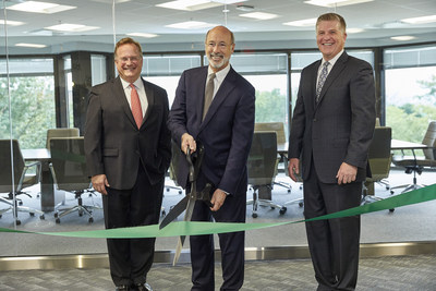 Harmony Biosciences, LLC welcomes Pennsylvania Governor Tom Wolf to cut the ribbon at the company's official opening of its new headquarters in Plymouth Meeting, Pennsylvania. Pictured here (left to right) are Chris Molineaux, President and CEO of Life Sciences PA, Governor Wolf and John C. Jacobs, President and CEO of Harmony Biosciences.