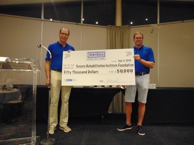 Steven Menkes, President Low Rise Division and Peter Menkes, President, Commercial /Industrial Division present a cheque to Toronto Rehab Foundation, one of three organizations benefiting from the event. (CNW Group/Menkes Developments Ltd)