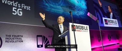 KT Chairman Hwang Chang-Gyu is photographed delivering a keynote speech on his vision for the world's first commercial 5G network launch at the Mobile World Congress (MWC) 2017 in Barcelona, Spain. KT Chairman Hwang Chang-Gyu is photographed delivering a keynote speech on his vision for the world's first commercial 5G network launch at the Mobile World Congress (MWC) 2017 in Barcelona, Spain.