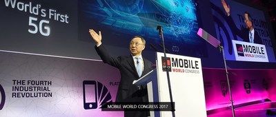 KT Chairman Hwang Chang-Gyu is photographed delivering a keynote speech on his vision for the world's first commercial 5G network launch at the Mobile World Congress (MWC) 2017 in Barcelona, Spain.