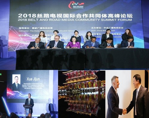 Top - Belt & Road Community Media Forum; Bottom, L to R:Jijun Xue, Representative of China Media Group, Chairman and President of CITVC; Xi'an China; L to R: JP Bommel, President and CEO with Tang Shiding, CITVC Vice President