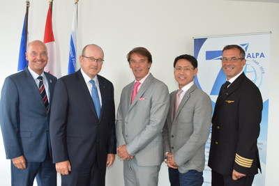 From Left to Right: IFALPA Managing Director, Christoph Schewe, IFALPA President, Cpt. Ron Abel, Yves Lalumiere, President & CEO Tourisme Montral, IFALPA Board Members: Cpt. Ben Mansumitchai, Cpt. Rod Lypchuk (CNW Group/Tourisme Montral)
