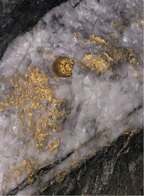 Figure 2: Close-up picture of the current back (looking up) of the Fathers Day Vein discovery at the Beta Hunt Mine showing significant visible coarse gold (CNW Group/RNC Minerals)